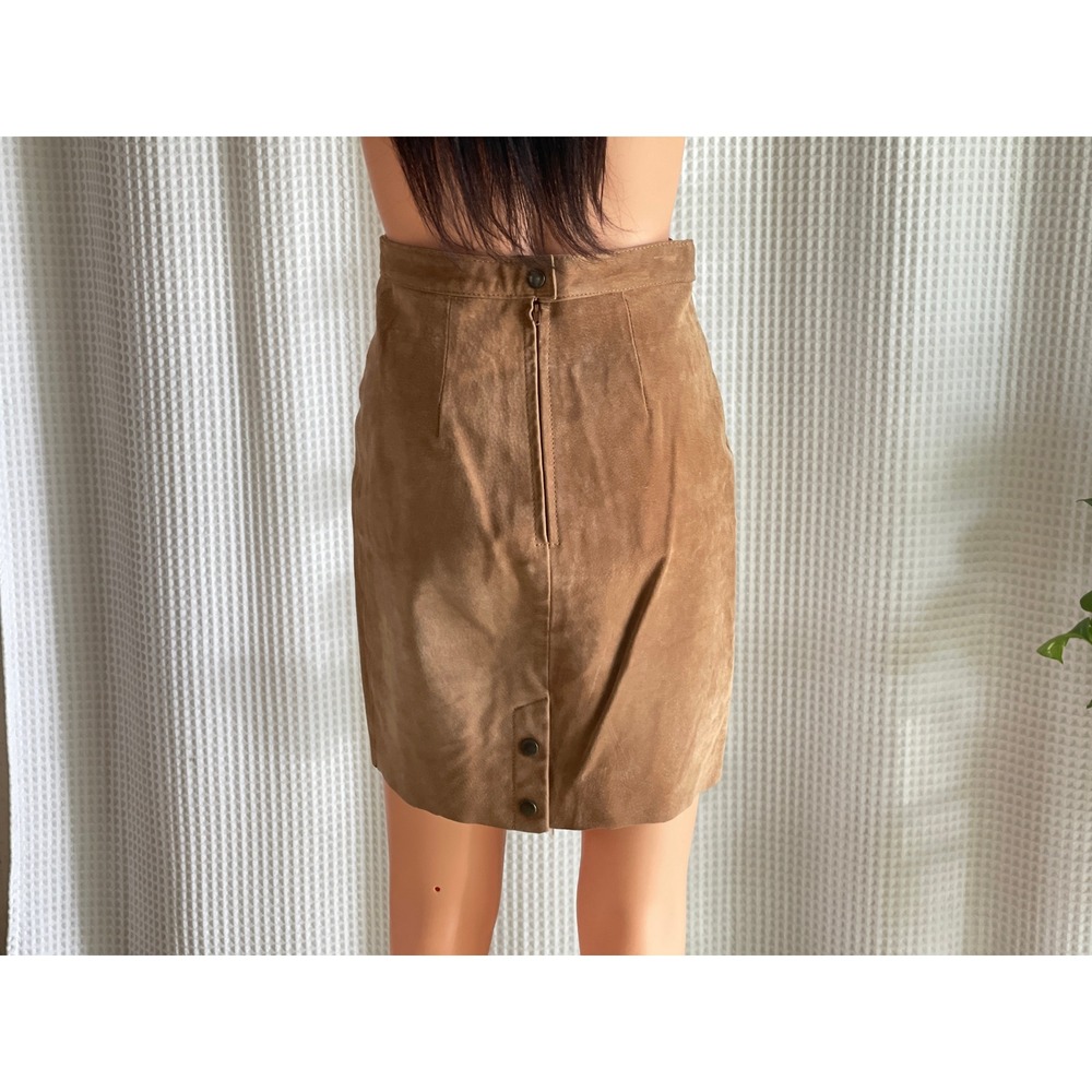 Vintage 90s Global Identity Leather London Tan Brown‎ Suede Mini Skirt Size 3/4 - Picture 4 of 9